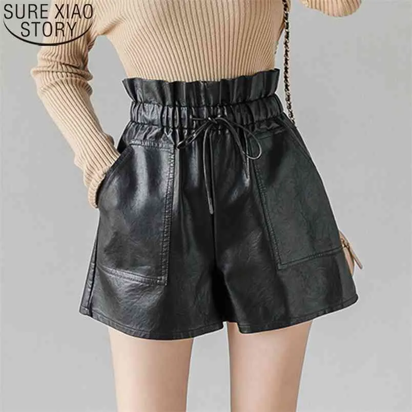 Koreanska mode breda ben shorts med dragsko en linje hög midja pu läder lös all-match elastisk 11062 210506