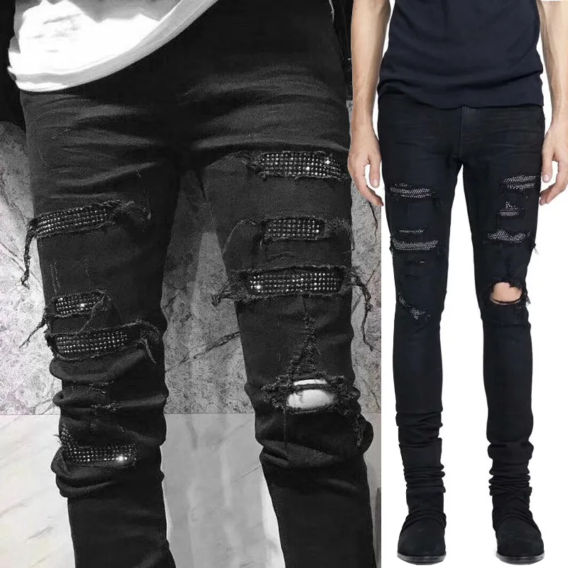 Svarta Stretch Denim Jeans För Män Crystal Diamond Patch Skada Hål Slim Fit Ben