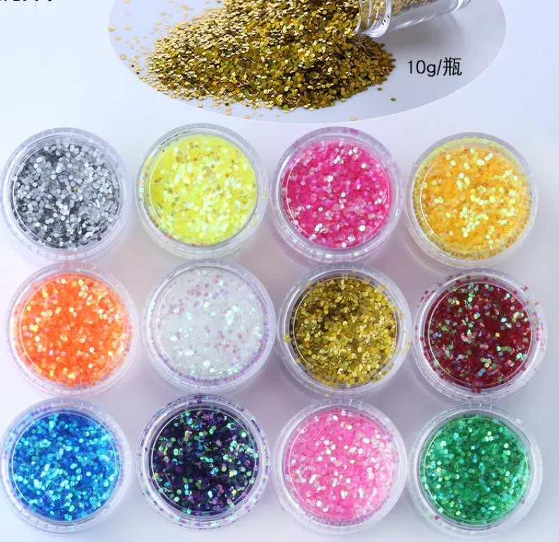 12bottle/lot Acrylic Powder Mixed Hexagon Colorful Symphony Sequins For Body Face Pigment Holographic Nail Art Powder