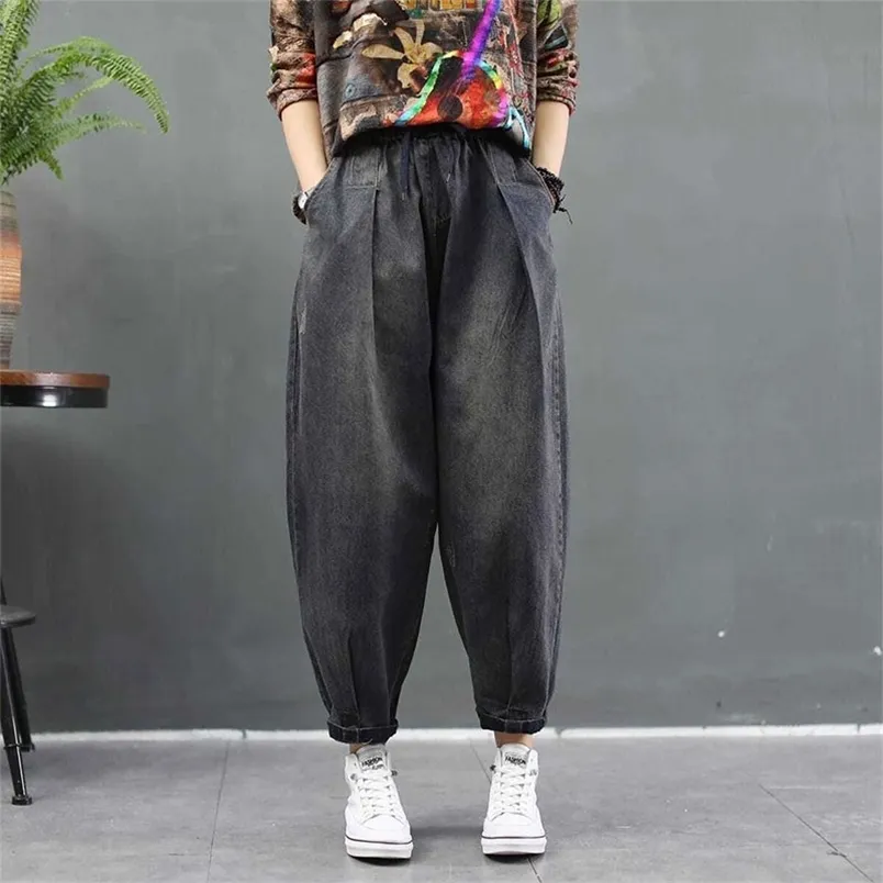 Outono artes estilo mulheres soltas jeans casuais femme cintura elástica algodão denim harem calças vintage calças jean m330 210512