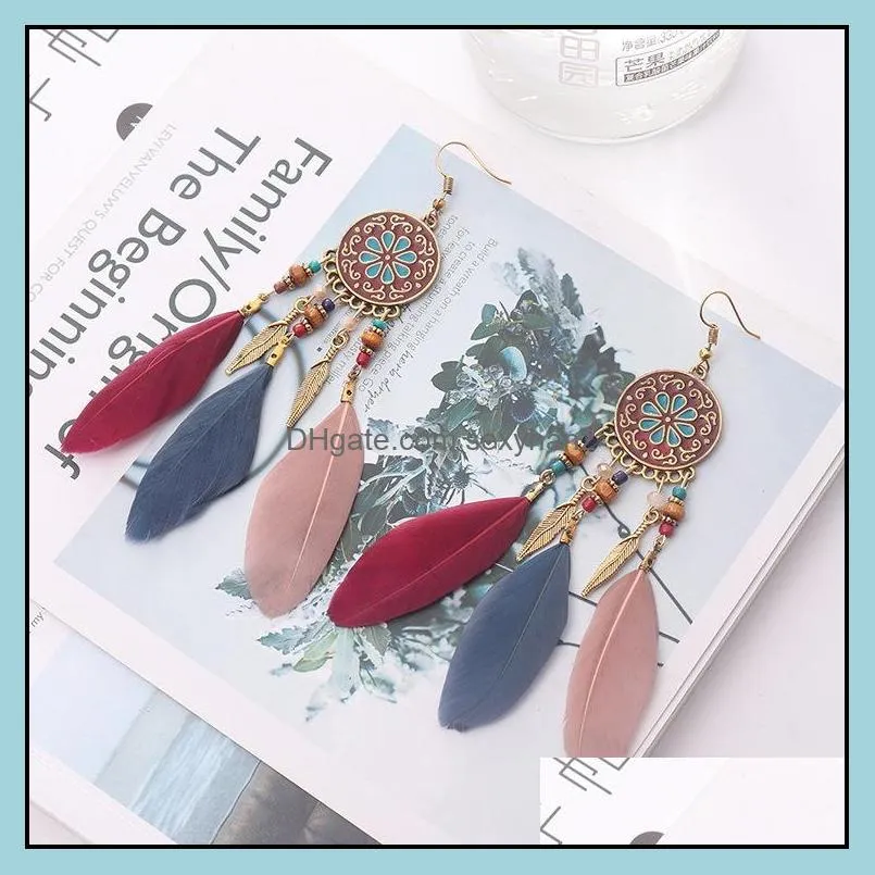 Autumn and winter earrings bohemian retro personality feather tassel earrings female long exaggerated ethnic style earrings