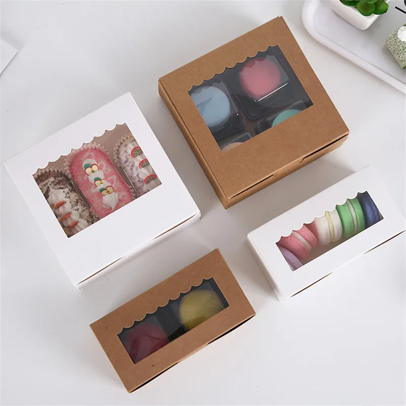 200pcs/lot Transparent Window Kraft Paper Baking Packaging Box 2/4 Gird Cake Box Pastry Muffin Box Cake Boxes Wholesale