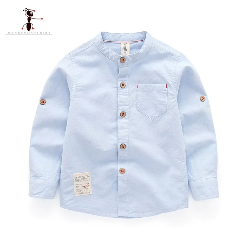 Kung Fu Ant Frühling Casual Jungen Hemden Oxford Textil Baumwolle Weiße Taschen Oansatz Solide Baby Kinderkleidung 1825 210713