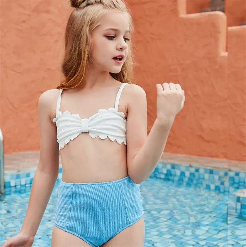 2 Pcs Bikini Maillots De Bain Enfant Fille Maillot De Bain Smocks Dentelle Blanc Gilet Couleur Unie Sling Taille Haute Bleu Triangle Shorts Maillot De Bain Une-Pièce