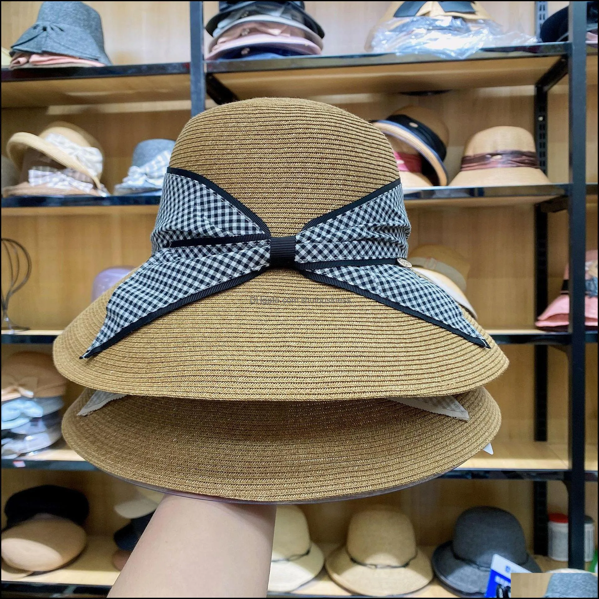 202103-xiaoli new summer plaid bowknot japan style big brim beach holiday paper straw lady sun cap women leisure hat Y0910