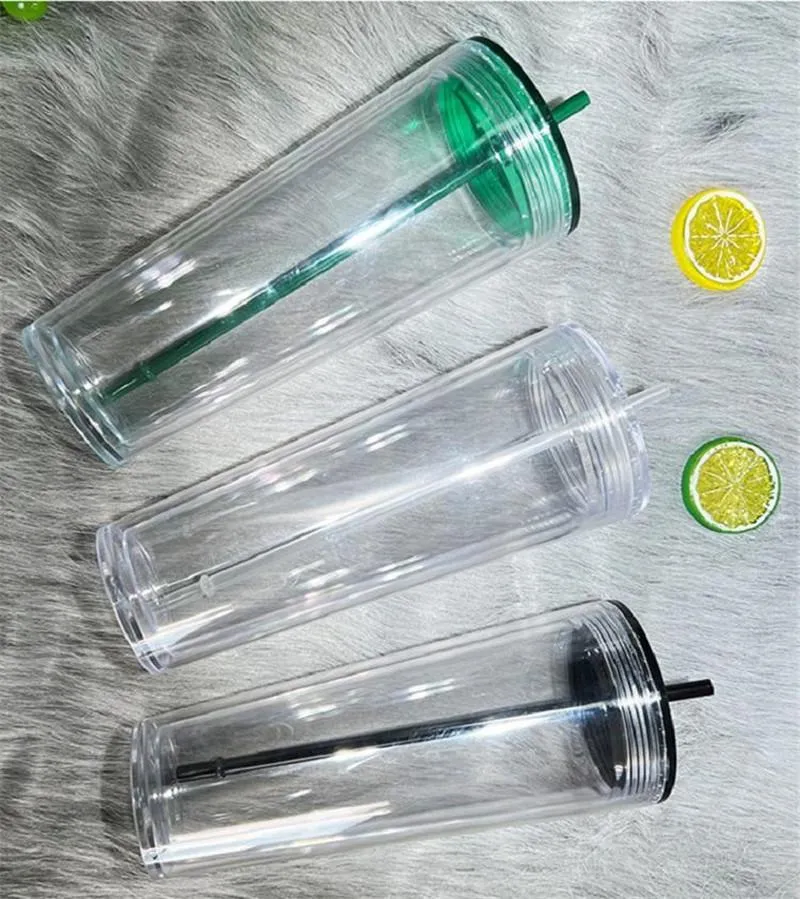 24oz akryl tumblers med lock och sugrör dubbel vägg klara plast tumblers reser rån återanvändbar kopp 710ml transparent dricka koppar wll1327