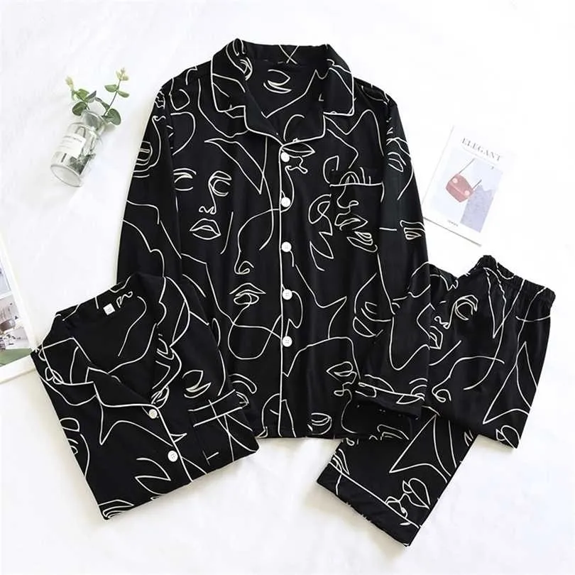 spring and autumn couples 100% cotton pajamas long-sleeved trousers two-piece female abstract painting home service male 211215