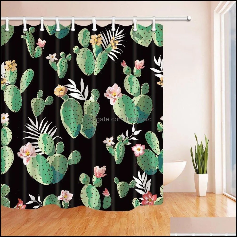 Cactus Shower Curtain Set Tropical Plants Pink Floral Blossom Vibrant Flower Green Succulents Bathroom Decor Waterproof Polyester Fabric Accessories