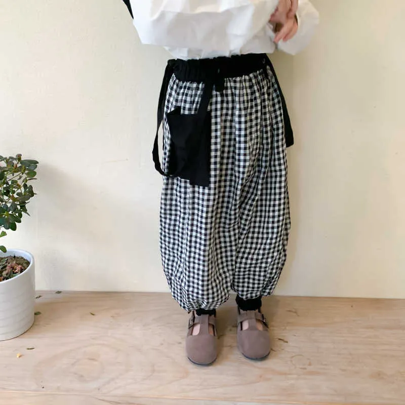Spring Plaid Loose Lantern Overalls For Baby Girls Korean style Kids Casual Pants Children Fashion All-match Trousers 210615