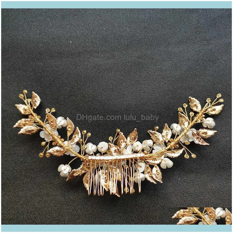SLBRIDAL Handmade Crystal Rhinestone Pearls Ceramic Flower Bridal Comb Wedding Hair Accessories Bridesmaids Women Jewelry