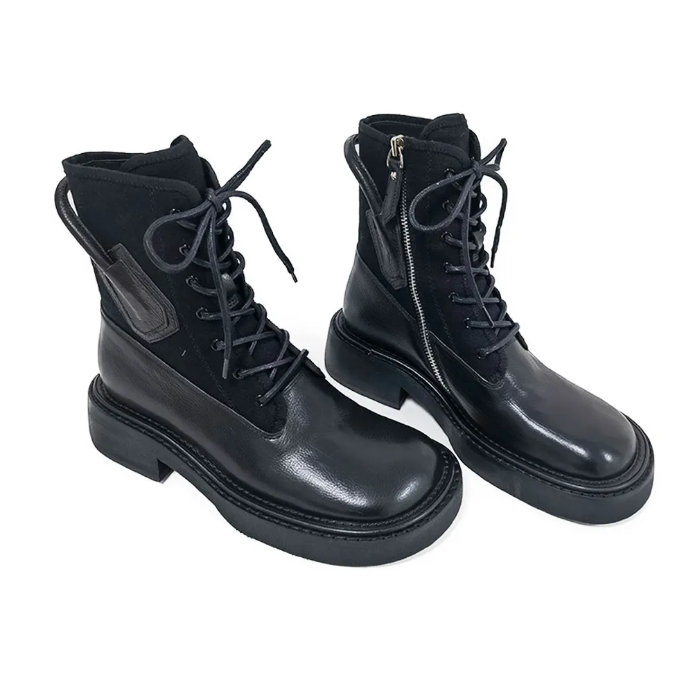 black Martin heel 4cm fabric leather patchwork canvas trim zipper boot