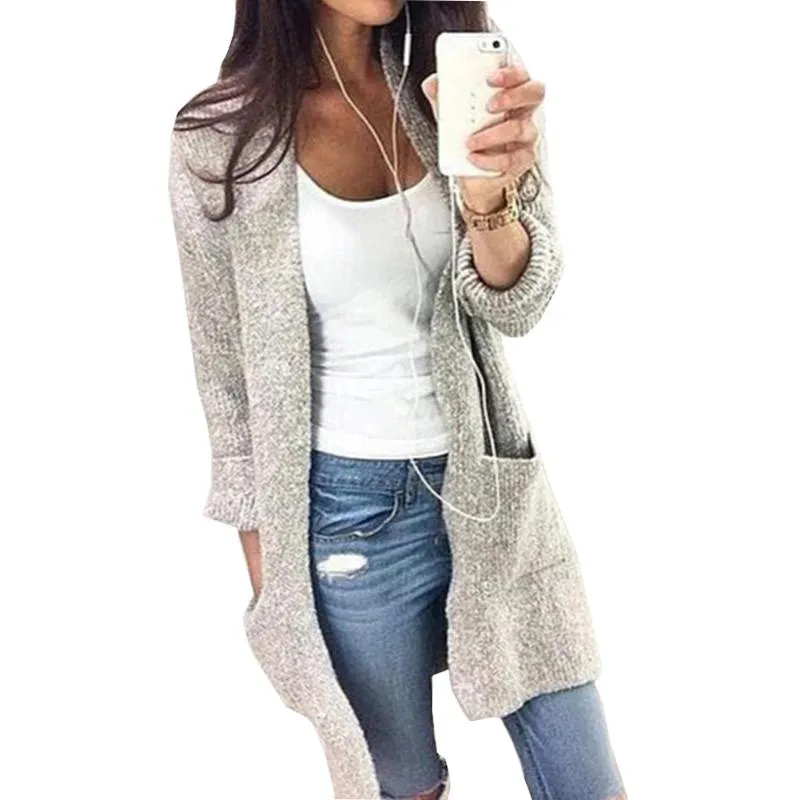 Femmes chandails pull 2021 Long Cardigan automne et hiver décontracté couleur unie manches grande poche femmes Vestidos MMY66630