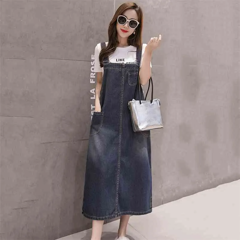 S-5XL Estate Plus Size Jeans Dress Donna Bretelle Abiti di jeans Salopette femminile Coreano Casual Lungo Vestito estivo Robe Femme 210331