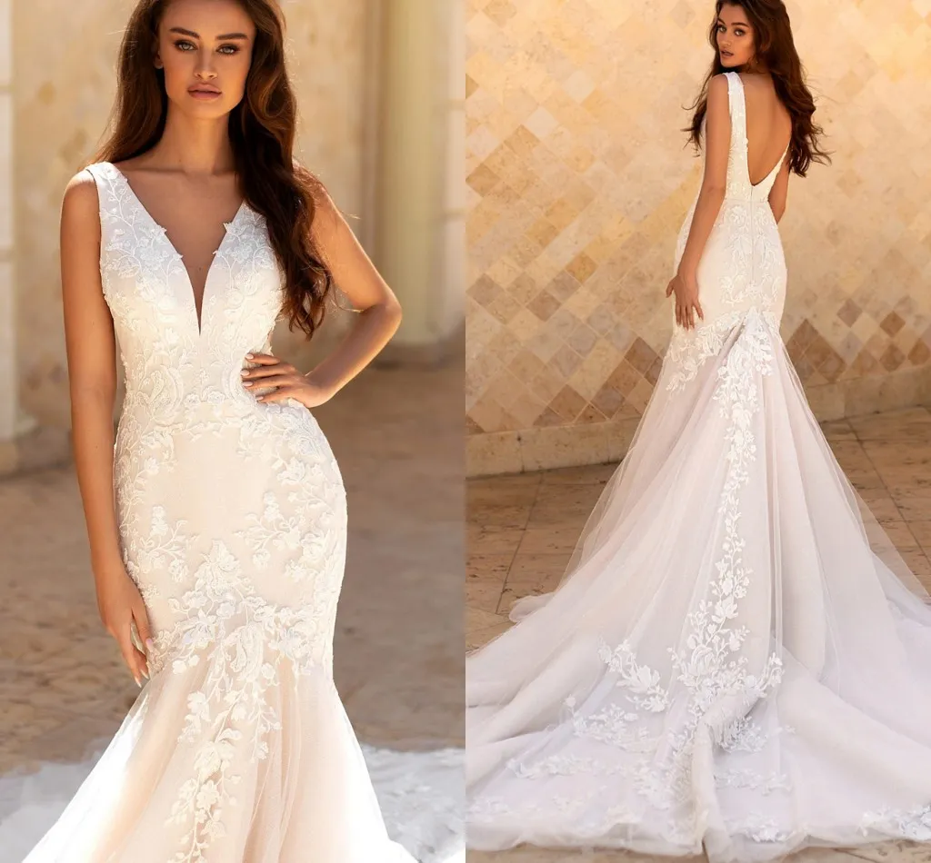 럭셔리 레이스 꽃 Boho Bridal Gown 2022 새로운 섹시한 V 넥 백리스 신부 인어 웨딩 드레스 Vestido de Novia Robe Mariee