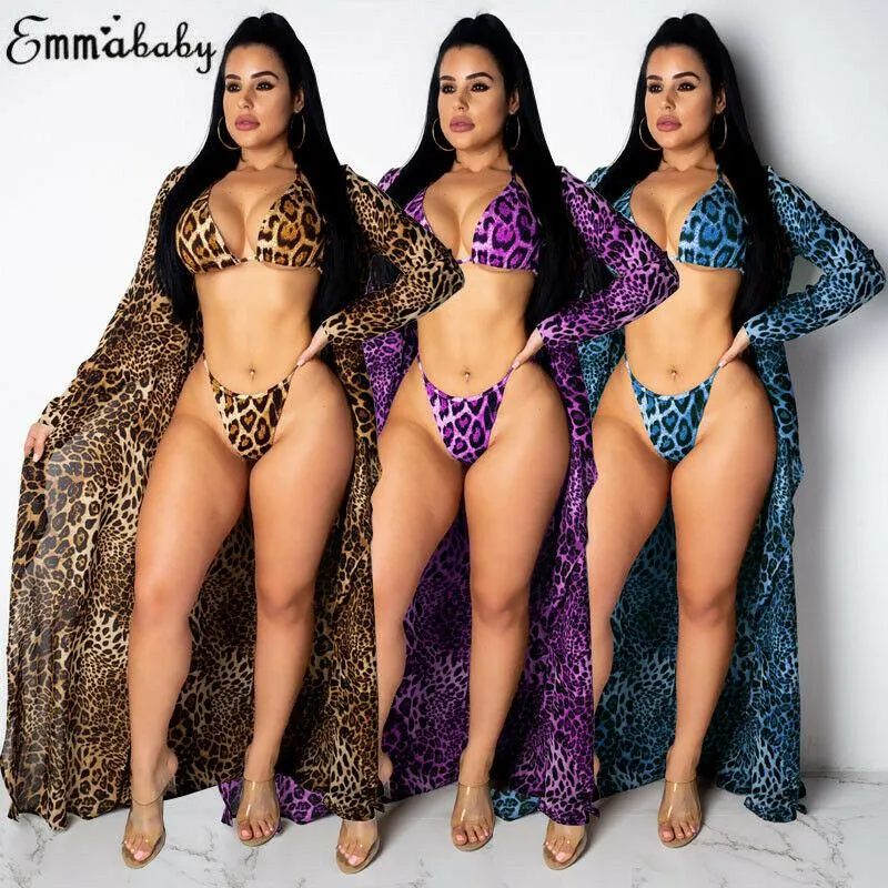 Sommar bikini 3pcs Badkläder Kvinnor Leopard Print Beach Wear Set Swimwear + Cover Up Candigan Badräkt Sarongs