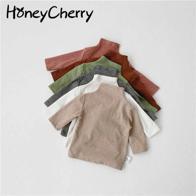 Koreansk version av spädbarn Solid Färg Höghalsad långärmad T-shirt Stretch Shirt Baby Kläder 210701