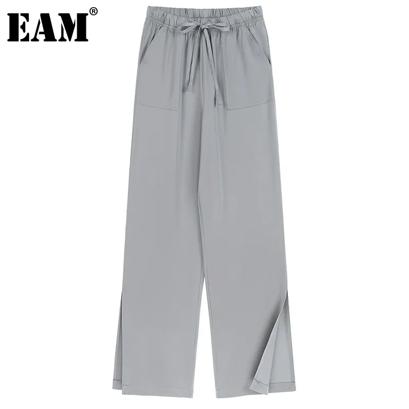 [EAM] taille haute élastique gris ourlet fente longue jambe large pantalon coupe ample pantalon femmes mode printemps été 1DD8742 210512