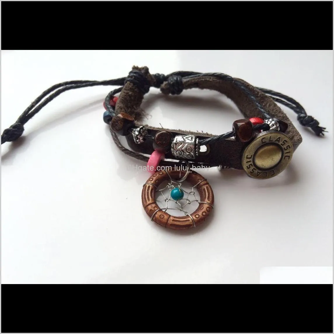 new arrival handmade indian dream catcher bracelet with wooden beads pu leather women jewelry legend style girls