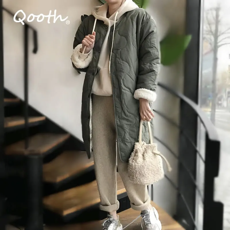 Qooth Vintage Warm Winter Woolen Parka Women Two Side Wear Loose Causale Lunghezza al ginocchio Button Coat 3 colori disponibili QT356 210518