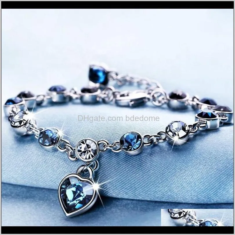 Bracelet gravé Bracelets Bijoux Coeur De L'océan Bleu Zircon Charmes Amour Diamant Filles Cadeau Gioielli Bracelet Femme 8Fa6U