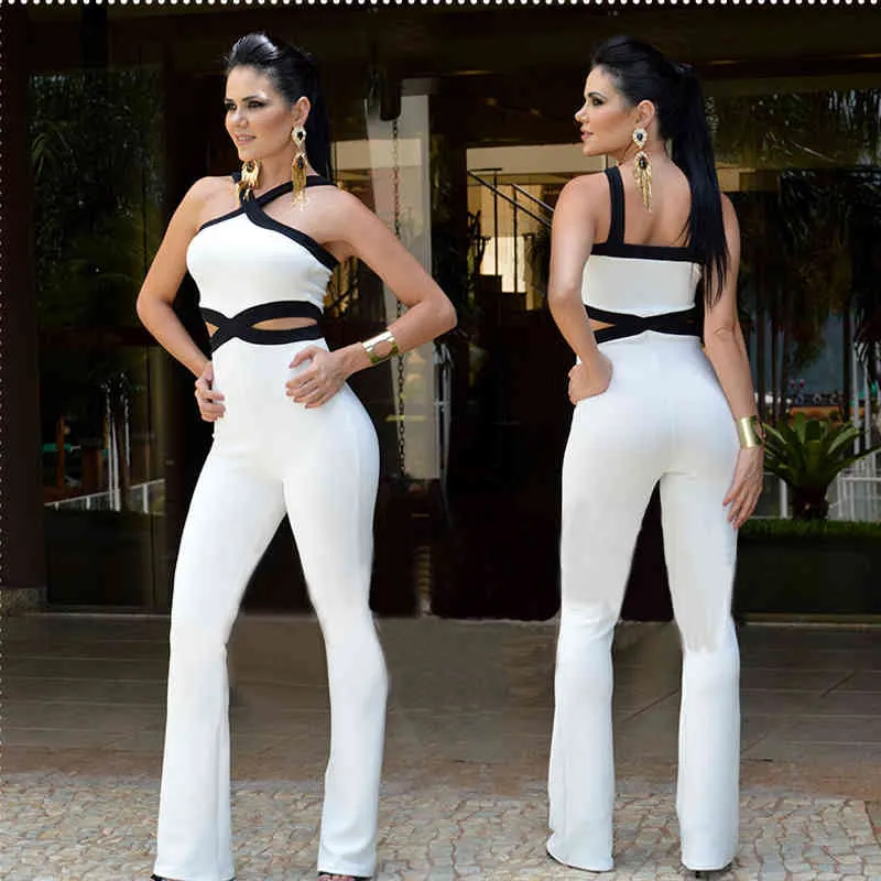 Tuta sexy Hollow Black White Contrast Color Strap Bodycon Women Fashion Clubwear Stretto femminile Date Out Playsuit Pagliaccetti 210416