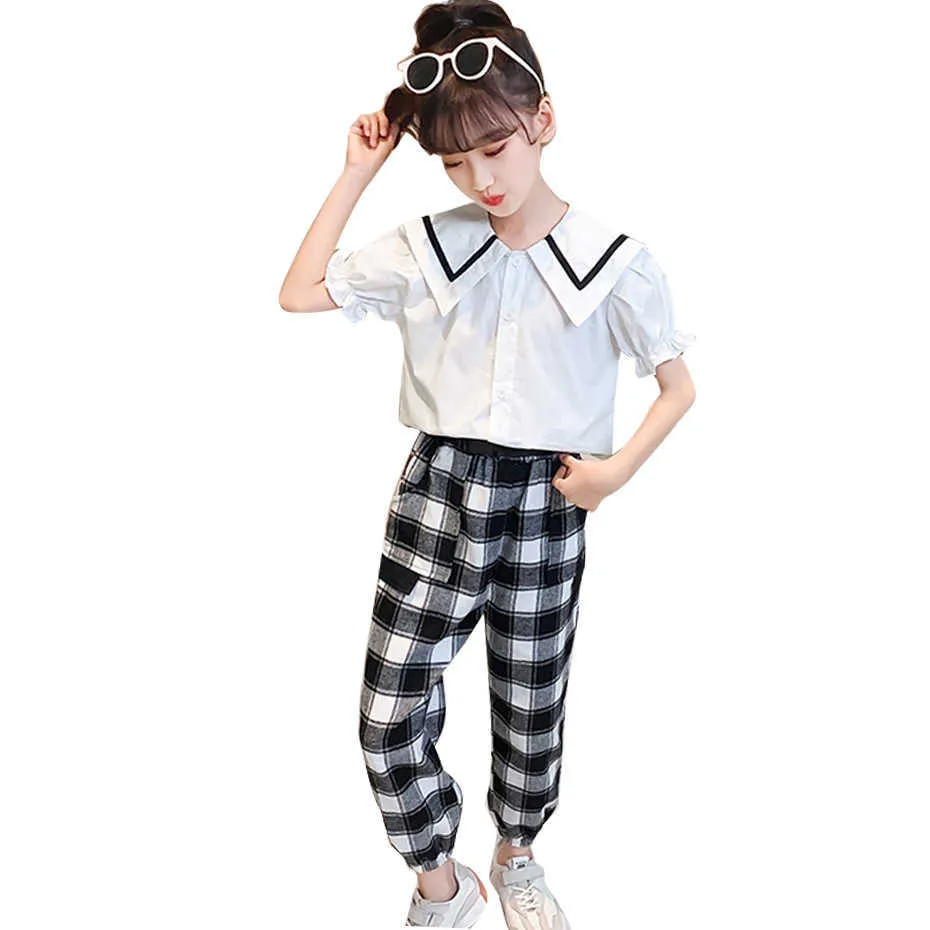 아이들의 옷 소녀 티셔츠 + 체크 무늬 바지 십대 의류 캐주얼 스타일 트랙 슈트 여름 어린이 6 8 10 210528