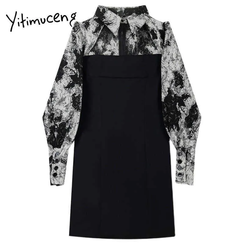 Yitimuceng Patchwork Fake 2 Piece Dresses Women A-Line Mini Spring Long Sleeve High Waist Clothes Simply Style Office Lady 210601