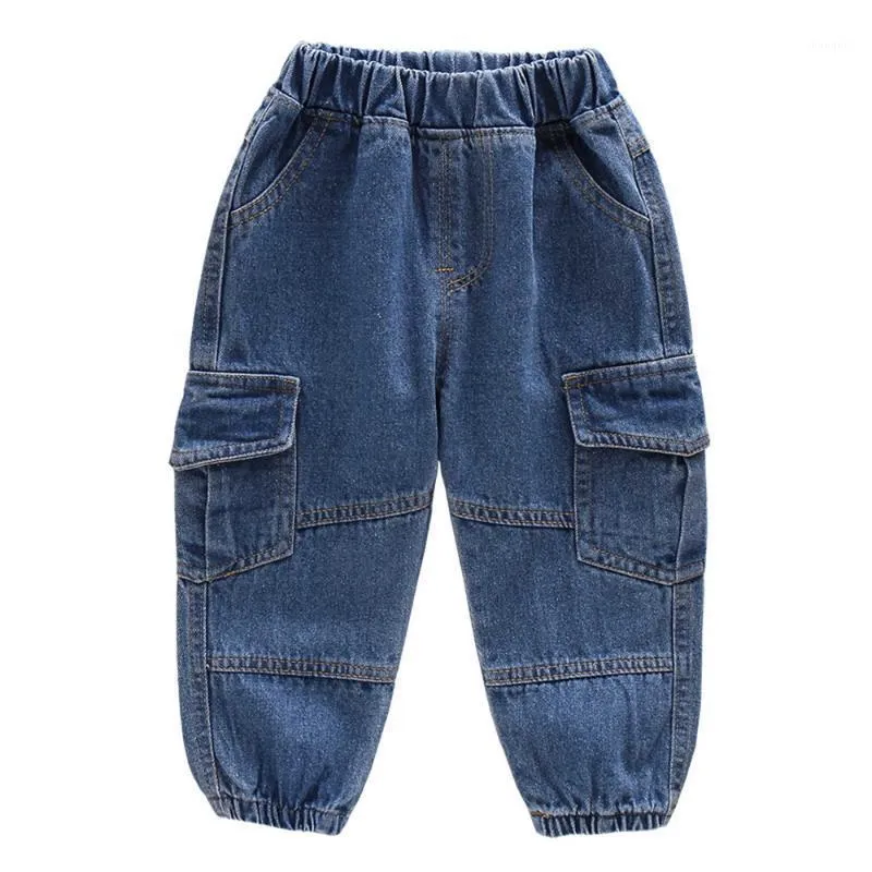 Jeans baby pojke kläder avslappnad solid färg barn denim byxor vintage elastiska midja pocket toddler pojkar calça d30