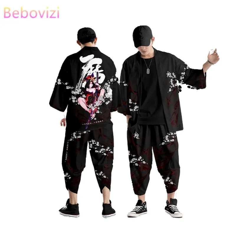 Ethnic Clothing Fashion Japanese Kimono Suit Samurai Harajuku Cardigan Women Men Cosplay Yukata Tops Pants Set Plus Size 5XL 6XL L284z