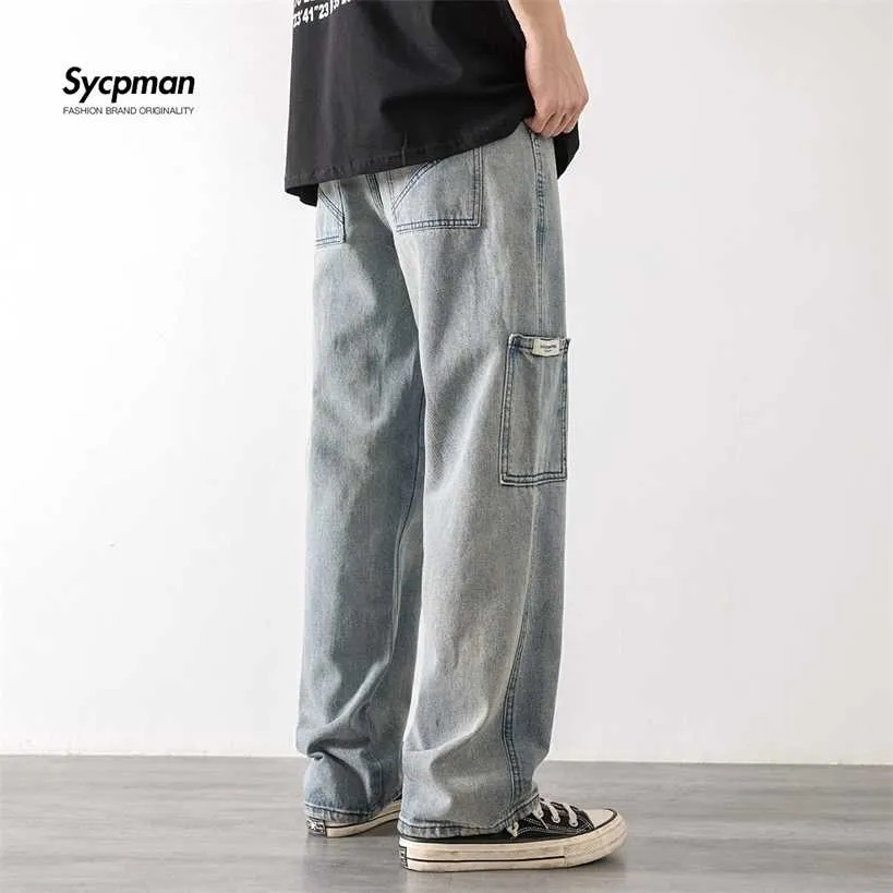 Loose Street Style Proste Spodnie Cargo Dżinsy Mężczyźni Moda Brand Szerokie Nogi Kombinezony Retro Trend Rozrywka Młodzież Dżinsowy Baggy 220115