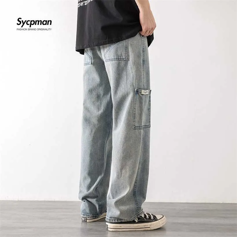 Loose Street Style Straight Cargo Byxor Jeans Men Mode Märke Wide Leg Overaller Retro Trend Fritid Ungdom Denim Baggy 220115