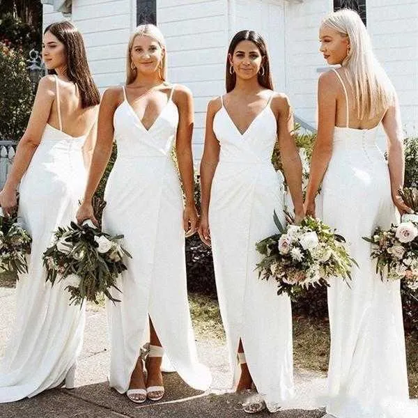 Druhna Dress 2021 Długa Syrenka Białe Dresses Sexy Bez Rękawów Plus Size Brides Maid of Honor Maxi