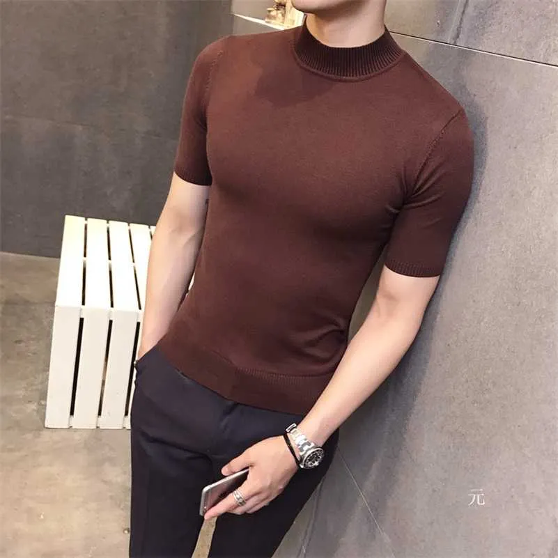 Fashion korte mouwen trui heren turtleneck truien bruin cardigan heren Britse stijl basic top slim fit gentleman sexy 211014