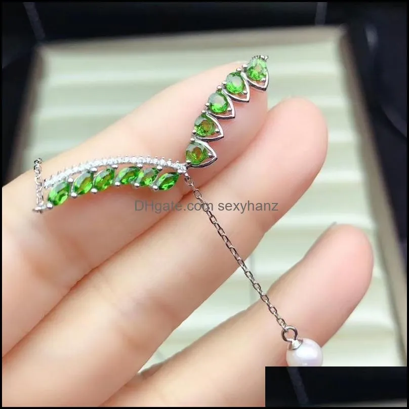 Bracelet, Earrings & Necklace Luxurious Leaf Tassels Natural Green Diopside Jewelry Sets Gemstone Ring Pendant 925 Silver Women Party