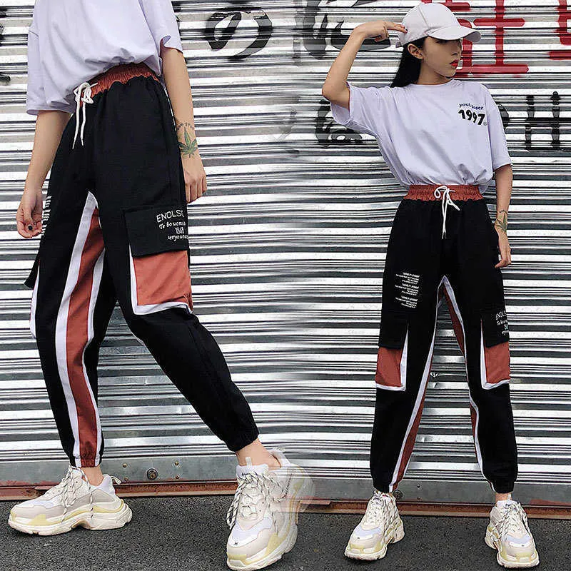 Heta stora fickor lastbyxor kvinnor hög midja lösa streetwear byxor baggy taktisk byxa hip hop högkvalitativa joggers byxor y0927