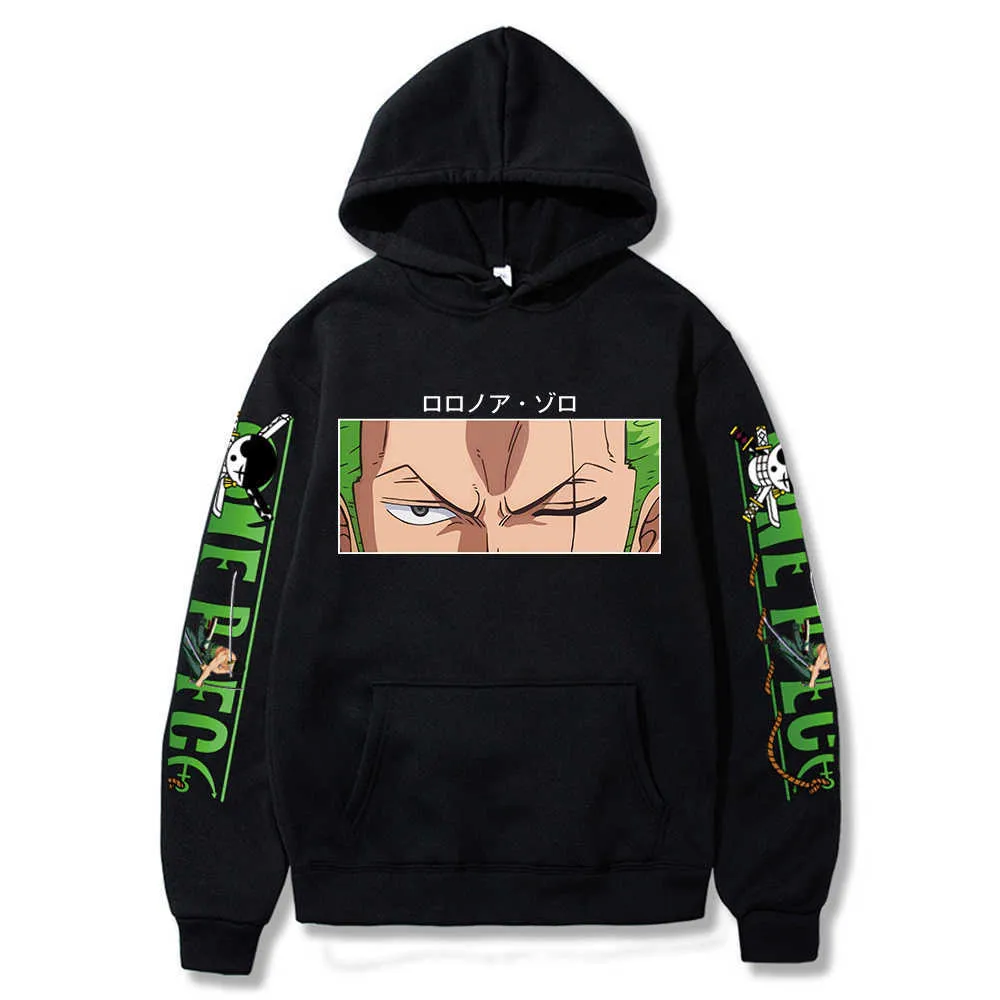 Hot Roronoa Zoro Print Hoodies Masculino Feminino One Piece Anime Sweatshirts Bolsos com Capuz Streetwear Roupas Harajuku H0823