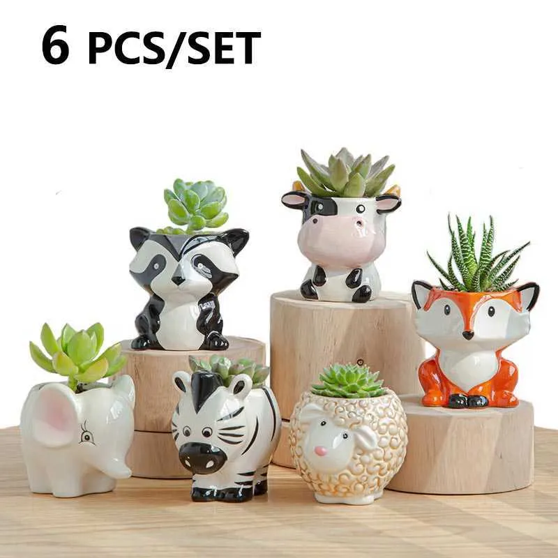 6 pçs / set nórdico cerâmico dos desenhos animados animais mini flor pote decoração de plantas plantas bonsai planta vaso vaso pote decoração acessórios 210615