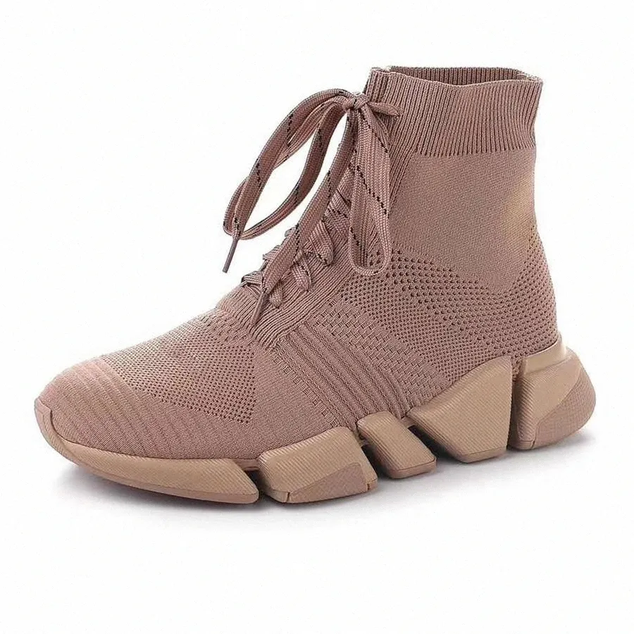 Män Sticka Lace-up Sneaker Boots 2.0 Brev Tryckt Designer Kvinnor Speed ​​Cloth Ultra-Flexible Folded Sole Bootie N13R #