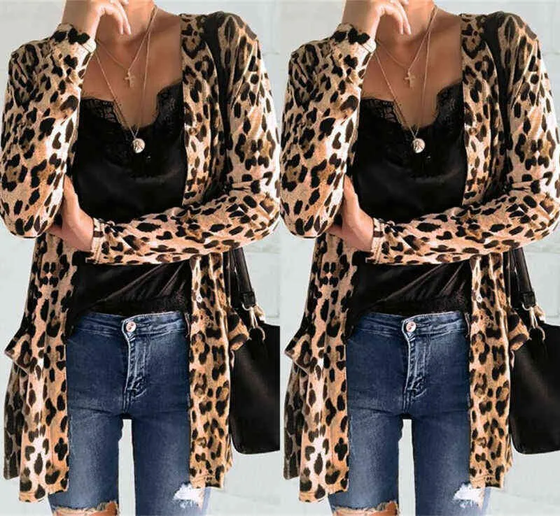 Kvinnors Leopard Print Open Front Jacket Cardigan Blazer Suit Tops Coat Ol Slim Casual Långärmad Blazer Feminino Blusa Outwear H1230