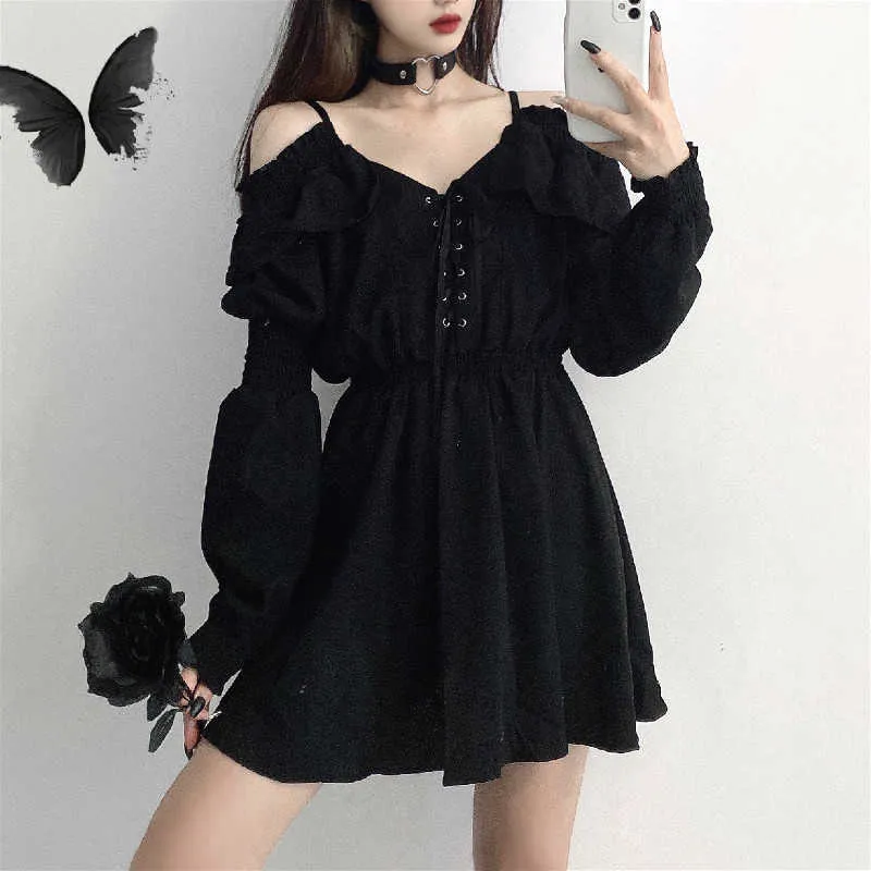 Gothic Schwarz Kleid Frauen Casual Taste Spitze Abend Party Sexy Mini Kleid Weibliche Lange Hülse einteiliges Kleid Koreanische 2020 herbst Y0603