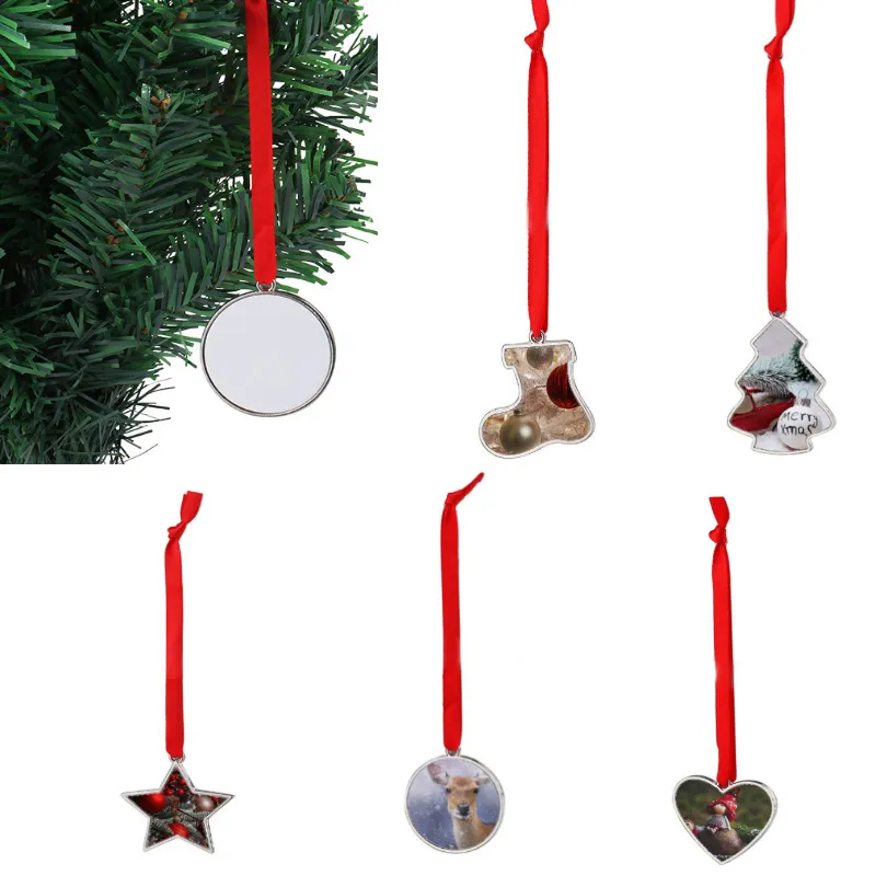 Sublimation Blanks Christmas Tree Pendant Creative Circle Heart Five-pointed Star And Stocking Ornament Pendants Decoration HH21-568