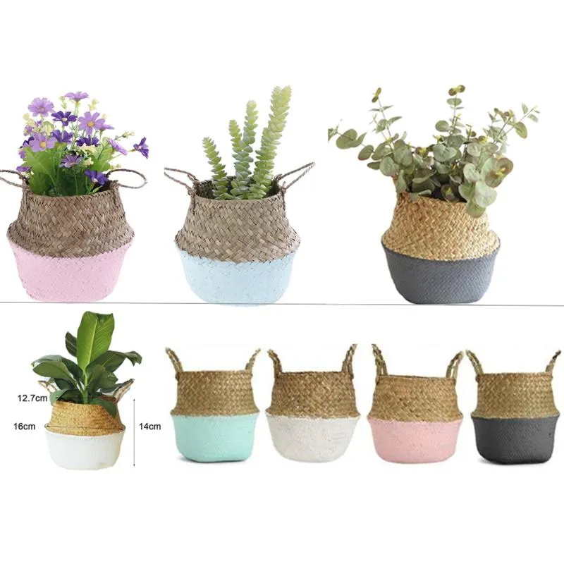 Paniers de rangement en bambou pliable blanchisserie paille patchwork osier rotin joncs de mer ventre jardin pot de fleur planteur panier 1pc planteurs pots