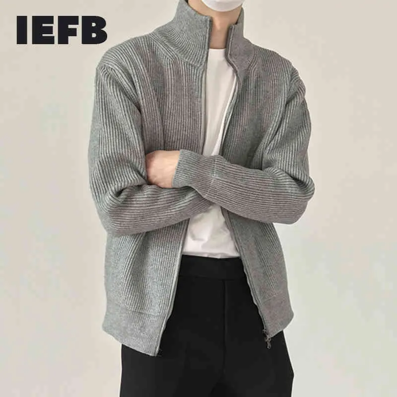 IEFB Herenkleding Rits Cardigans Trui Stand Kraag Causale Vintage Zwart Grijze Kleding voor Male 9Y6608 210524