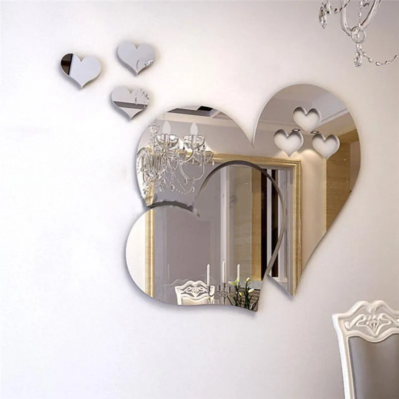 Stickers muraux 1 ensemble argent 3D créatif amour coeurs miroir autocollant coeur décalque pour bricolage chambre d'enfants décoration de la maison fête de mariage décor