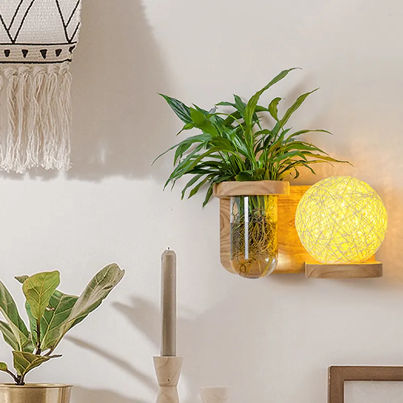 Nordic minimalistyczna wewnętrzna lampa ścienna z przełącznikiem zieloną rośliną obfitą drewno obfitymi.