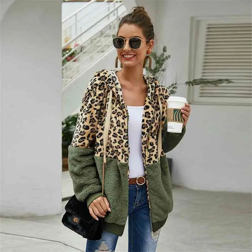 Otoño invierno leopardo sudaderas mujeres manga larga sudaderas con capucha casual cremallera con capucha top abrigo cálido polerones mujer 210803