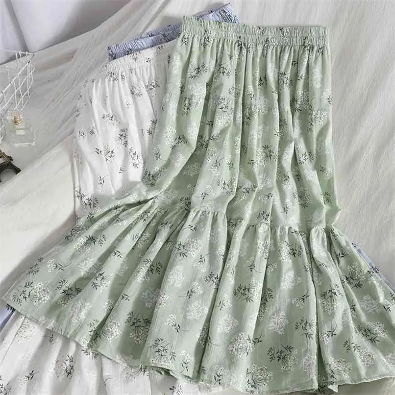 Fresh Shredded Flower Skirt Stitched Lotus Leaf Side Summer Korean Version Thin High Waist Middle Long Girl 210529