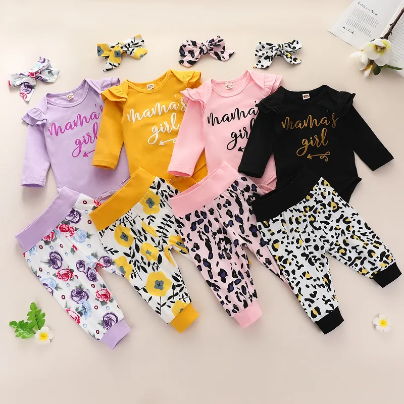Herbst Baby Kleidung Sets Langarm Buchstaben Print Strampler Top + Leopard Floral Hosen + Stirnbänder 3 teile/satz Boutique Neugeborenen Outfits M2550