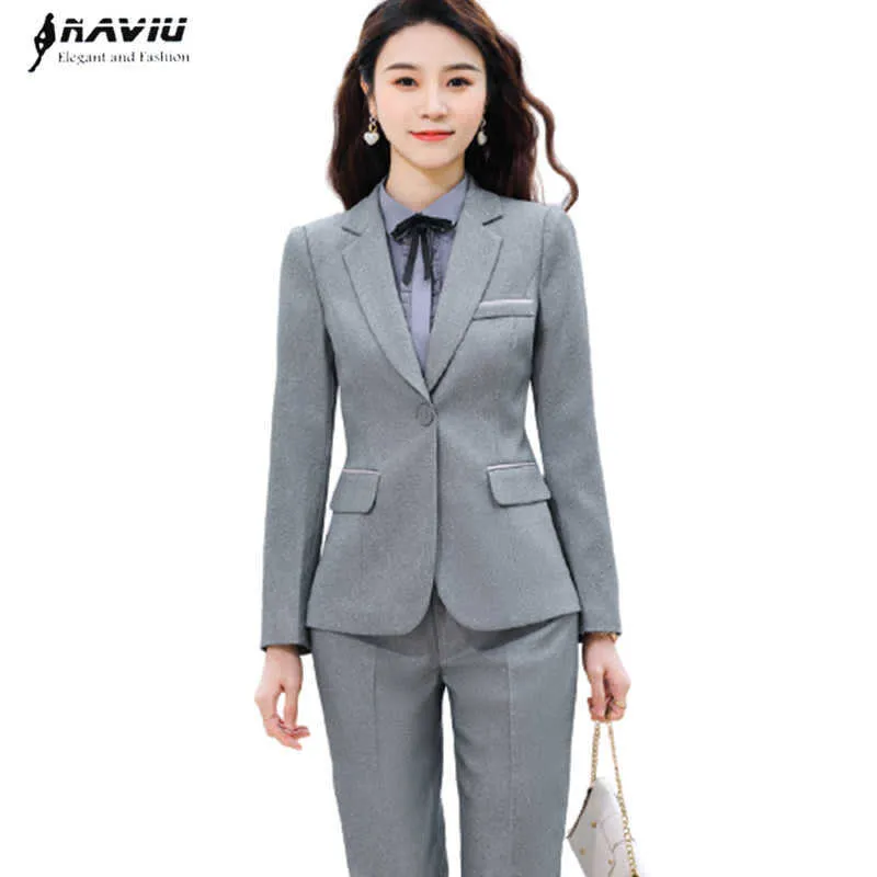 Costume gris professionnel Mode Tempérament Business Formel Slim Blazer et pantalon Bureau Dames Vêtements de travail 210604