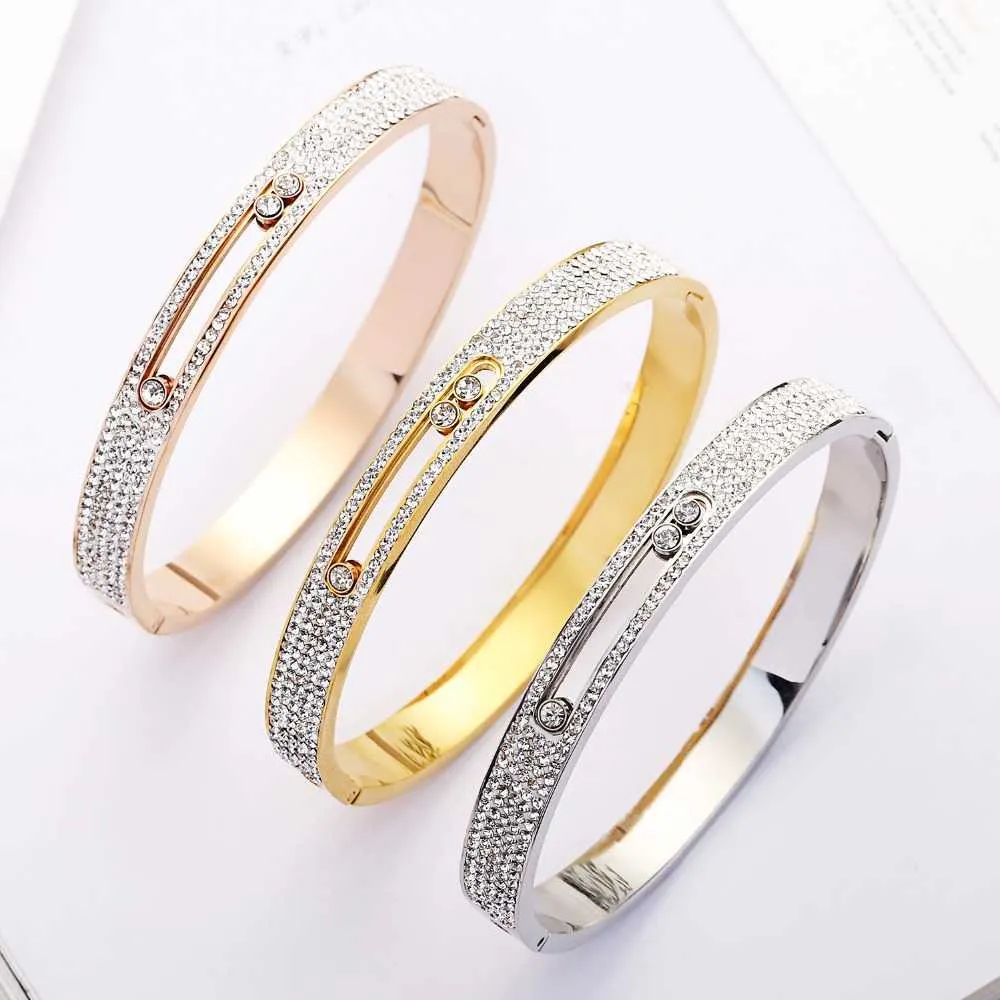 Toppkvalitet Rose Gold Hollow Crystal Rostfritt Stål Kärlek Män Kvinnor Slide Zircon Carter Bangle Cuff Bracelet Valentine Q0717